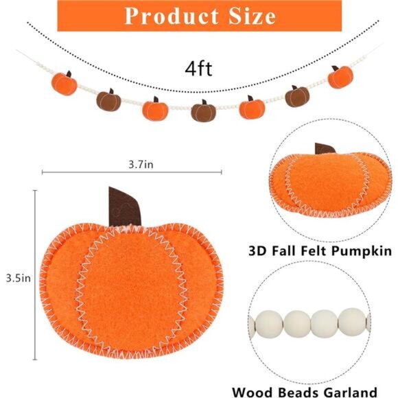 New‎ Fall Pumpkin Garland & Wood Bead Decor - Indoor Banner for Mantle & Wall - Picture 3 of 7